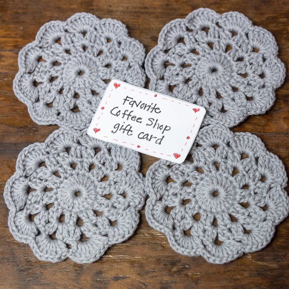 Handmade set of 4 crochet grey drink coasters - Picture 4 of 6
